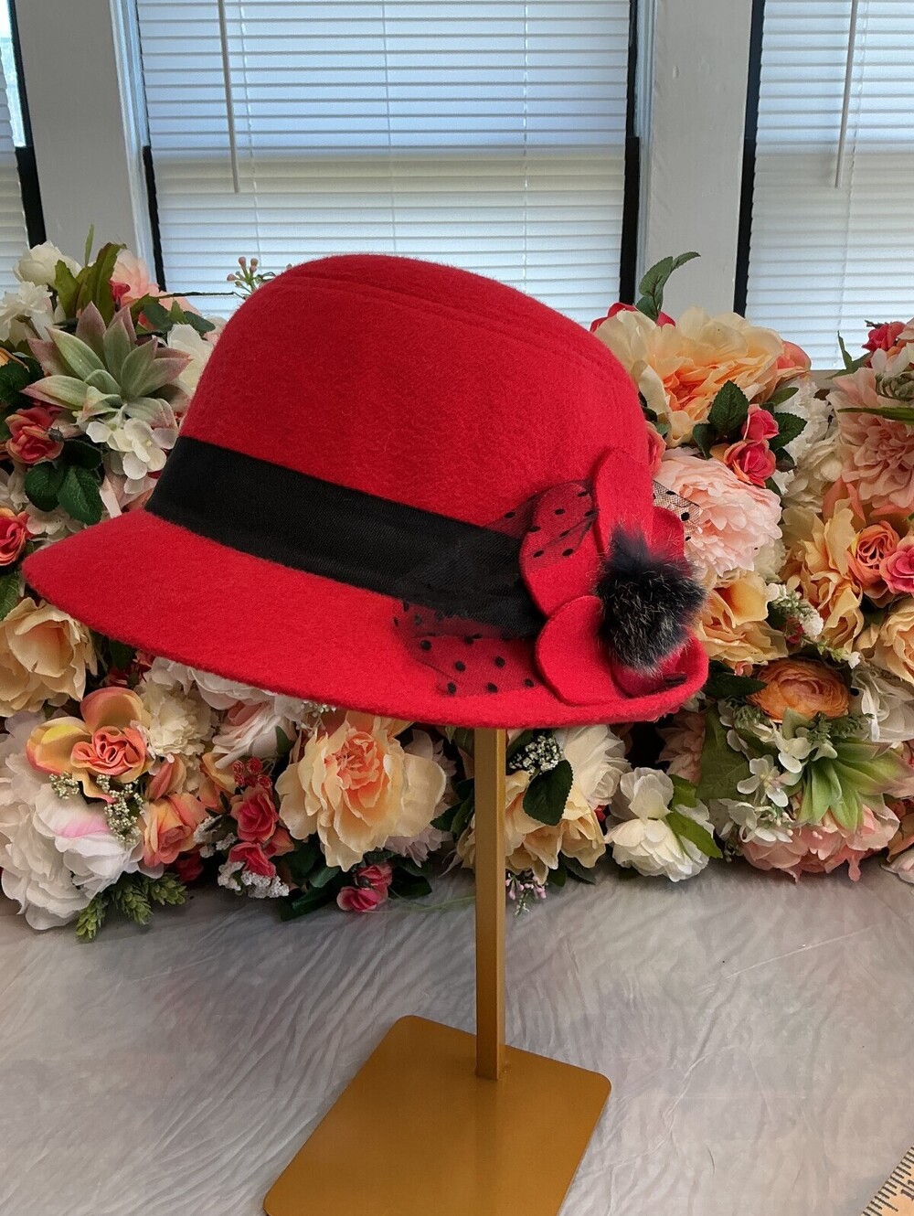 Red Cloche Hat Black Ribbon Flower Polka Dot Veil Size 57